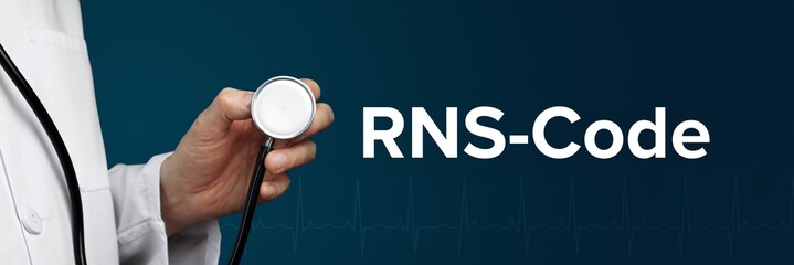 RNS-Code. Arzt im Kittel hält Stethoskop. Das Wort RNS-Code steht daneben. Symbol für Medizin, Krankheit, Gesundheit