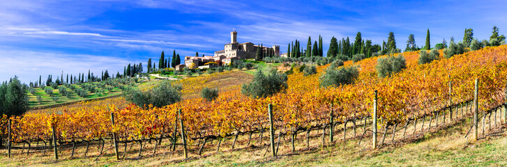 Castello Banfi Montalcino 12K Panorama: Golden Vineyards and Medieval Castle, Luxury Wine Tourism in Tuscany Italy, Chianti Brunello Region, Authentic Agriturism, Ultra High Resolution