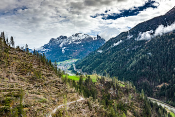 Fototapeta na wymiar Aerial view of valley with green slopes of the mountains of Italy, Trentino, The trees tumbled down by a wind, huge clouds over a valley, green meadows, Dolomites on background, cloudy weather