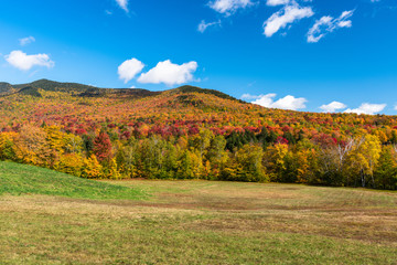 Scenic mountain landscape during the autumn colour season and blue sky. Stowe, VT, USA.
