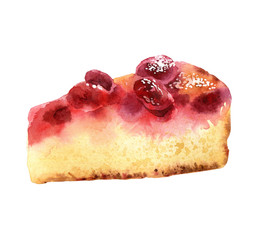 Watercolor cherry pie on white background
