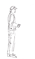 Fototapeta na wymiar A drawing of a person. Man checks entrance tickets with a scanner in his hands. Graphic drawing.