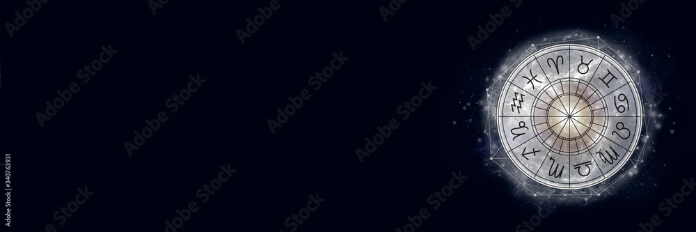 Wall mural astrological circle with the signs of the zodiac on a background of the starry sky. illustration for