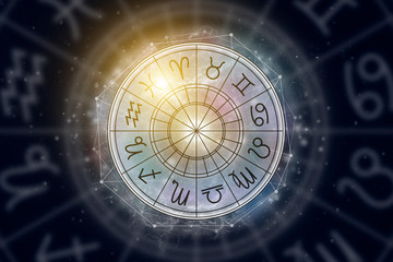 Astrological circle with the signs of the zodiac on a background of the starry sky. Illustration...