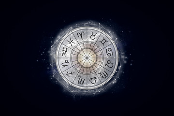 Astrological circle with the signs of the zodiac on a background of the starry sky. Illustration...