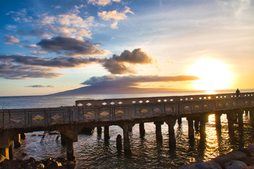 Fototapeta na wymiar Colorful sunset at Mala Pier on Maui.