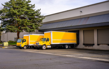 Two yellow different small rigs semi trucks with box trailers standing in warehouse dock and loading cargo for the next local delivery