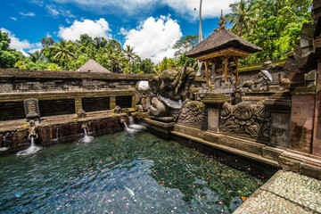 Fototapeta premium Bali, Indonesia - February, 2020: Pura Tirta Empul temple. Architecture of traditional balinese temples. The most famous temple on the island of Bali