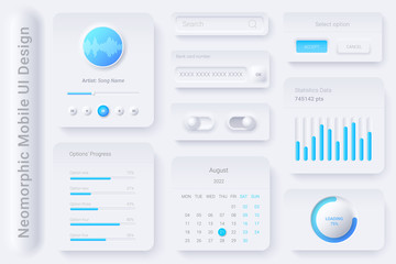 Neomorphic UI UX white design elements kit vector template for Mobile and Web apps Neomorphism style