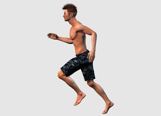 3D isolated male model. A man in shorts is running. The male character is running. 3d illustration