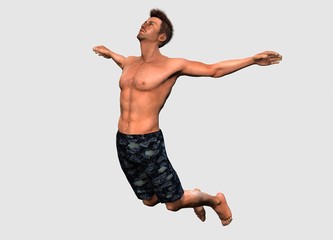 Obraz premium 3d illustration . Man hands open and jumped .Man in shorts falls into the water . Isolated man model .