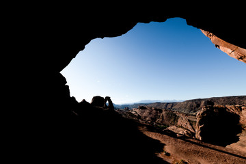 Delicate Arch and rock shadows at dawn, Utah