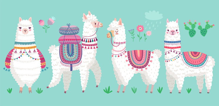 Cute Llamas. Funny hand drawn alpaca characters.