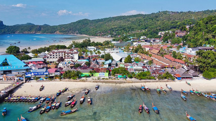 Aerial view of Phi Phi Island Port and Tonsai Pier, Thailand