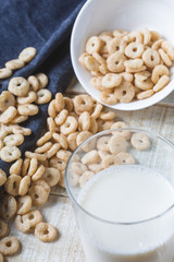 cereal rings with a glass of milk