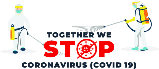 2 Man in Hazmat suit and disinfecting coronavirus cells epidemic mers-CoV virus disinfect protection. Corona virus pandemic health risk. Together we stop covid 19 campaign.