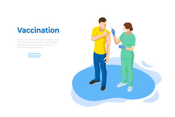 Isometric Time to vaccinate concept. Doctor or nurse, scientist giving patient vaccine, COVID-19, flu or influenza shot or taking blood test with a needle. Medicine, vaccination.