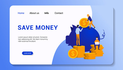 save money landing page template with group human business flat design concept, vector illustration