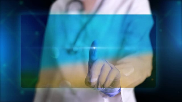Doctor, in blue medical gloves, presents hologram image of sea. Doctor makes freeze frame, puts stamp - no vacation. Prohibitions during coronavirus epidemic, quarantine.