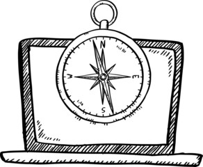 Cartoon style doodle of notebook with compass on screen