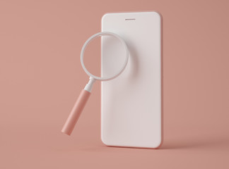 3D Illustration. Magnifying glass on smartphone screen.