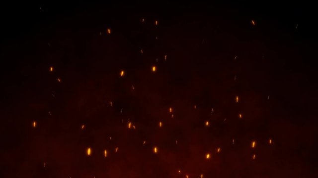Burning red hot flying sparks fire in the night sky. Beautiful abstract fiery orange glowing flying on black background in 4k.