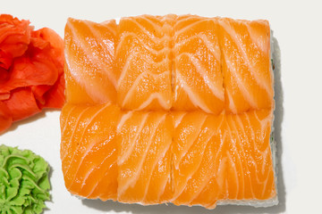 sushi rolls salmon fish delicious Asian restaurant menu food photography white background cuisine advertising poster concept