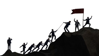 Concept of teamwork with team climbing mountain top