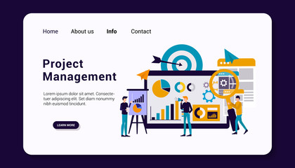 project management landing page template with business human group concept, flat design. vector illustration