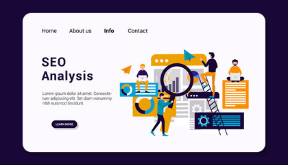SEO analysis landing page template with business human group concept, flat design . vector illustration