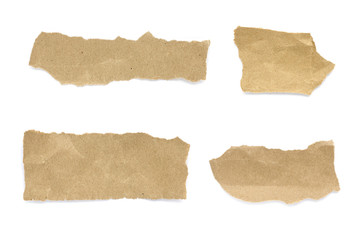 Recycled paper craft stick on a white background. Set of paper torn on white, Brown paper torn or ripped pieces of paper isolated on white background.