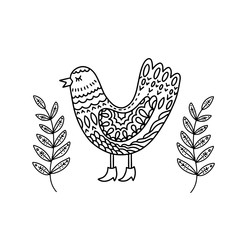 Anti-stress partridge coloring book in Zen style, with floral and geometric ornaments. Coloring book with chicken for children and adults. Vector isolated on a white background. Draw the outline.