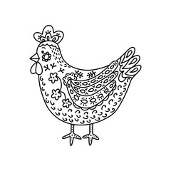Anti-stress coloring book rooster in Zen style, with floral and geometric ornaments. Chicken coloring book for children and adults. Vector isolated on a white background. Draw the outline.