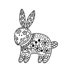 Anti-stress coloring book rabbit in Zen style, with floral and geometric ornaments for creativity. Coloring hare for children and adults. Vector isolated on a white background. Draw the outline.