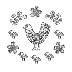 Anti-stress coloring book partridge with chickens in Zen style, with floral and geometric ornaments. Coloring book for children and adults. Vector isolated on a white background. Draw the outline.