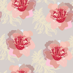 Large, hand-drawn red-pink peonies flowers on a beige-cream background. Simple vector seamless pattern. Design for fabric and wallpaper