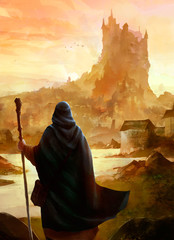 mage avec un bâton de dos avec une ville et un château type fantasy © nyothep