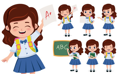 School girl student character vector set. School girl student characters in happy face holding paper with high grade and writing in chalkboard  for education related design. Vector illustration.      