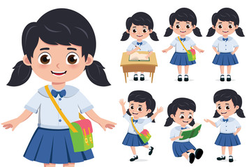 School girl student character vector set. Student girl for back to school elementary characters doing educational activity like reading book and writing in desk isolated in white background. 