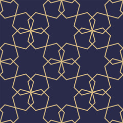 Geometric abstract ornamental pattern. Seamless vector background. Dark blue and gold texture. Graphic modern pattern