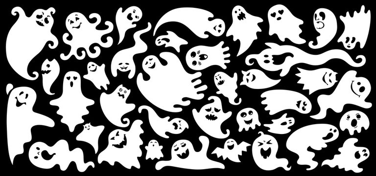 Ghost flat cartoon set. Simple Halloween collection cute and scary ghostly monsters. Joyful spooky or funny comic character. Silhouette monochrome ghosts. Vector illustration