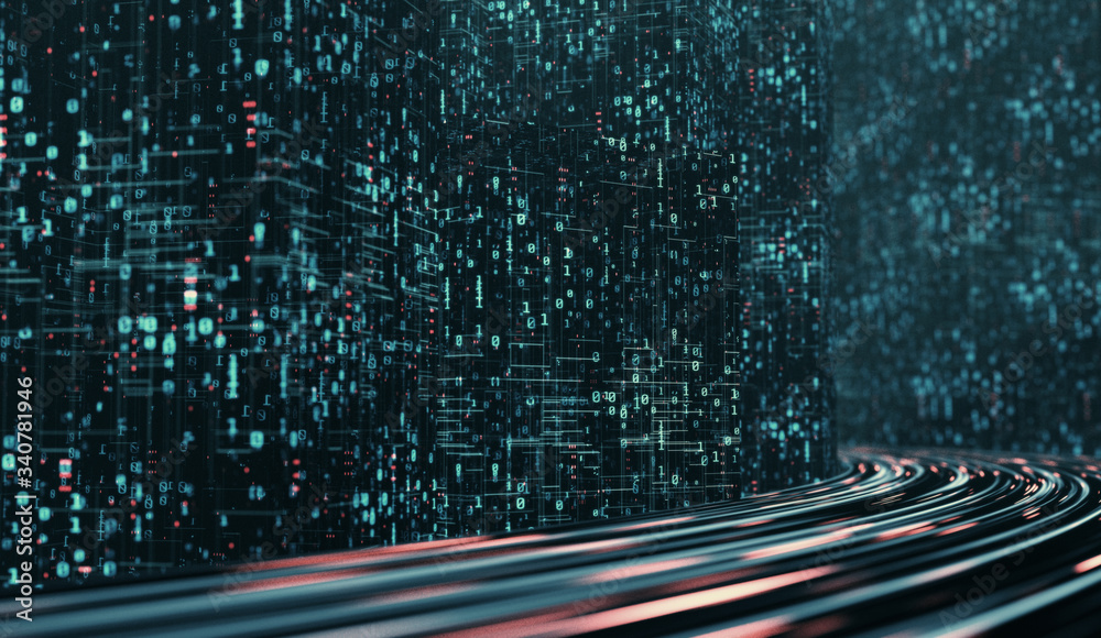 Poster 3d rendering of abstract highway path through digital binary towers in city. concept of big data, ma