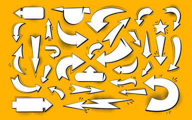 Arrow various directions comic pop art set. Cartoon 80s-90s style infographic collection. Retro empty cursor sign boom. Vintage design different arrows symbol up, left right down. Vector illustration