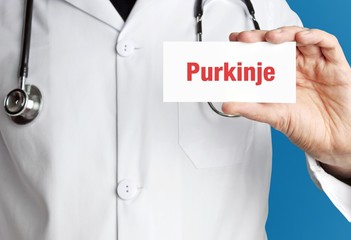 Purkinje. Arzt im Kittel hält Visitenkarte hoch. Der Begriff Purkinje steht im Schild. Symbol für Krankheit, Gesundheit, Medizin