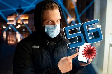 Conspiracy theory correlation between 5G mobile networks and Coronavirus , teenager with mask...