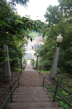 Galena, Illinois/ USA- 08.29.2016. Beautiful uphill view from ling stairs down. City center in Midwest USA. Great place for visit and travel. A lot of green trees, grass and plants.