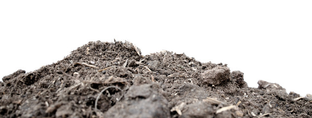 black earth on white background. natural soil texture. Pile heap of soil humus isolated on white...