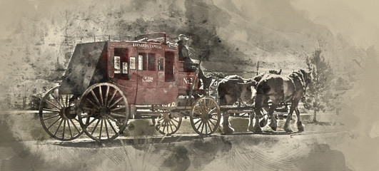 Fototapeta na wymiar Cache Creek, British Columbia / Canada - 06/22/2015 Painterly converted image of the horse drawn carriage at Historic Hat Creek ranch Canada