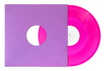 Twelve inch color vinyl purple record in sleeve