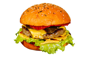 Tasty Burger on a plate in cafe.